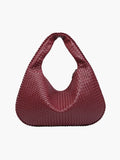 Oversized Woven Tote Bag with Braided Faux Leather Handle - Wine Red