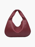 Oversized Woven Tote Bag with Braided Faux Leather Handle - Wine Red