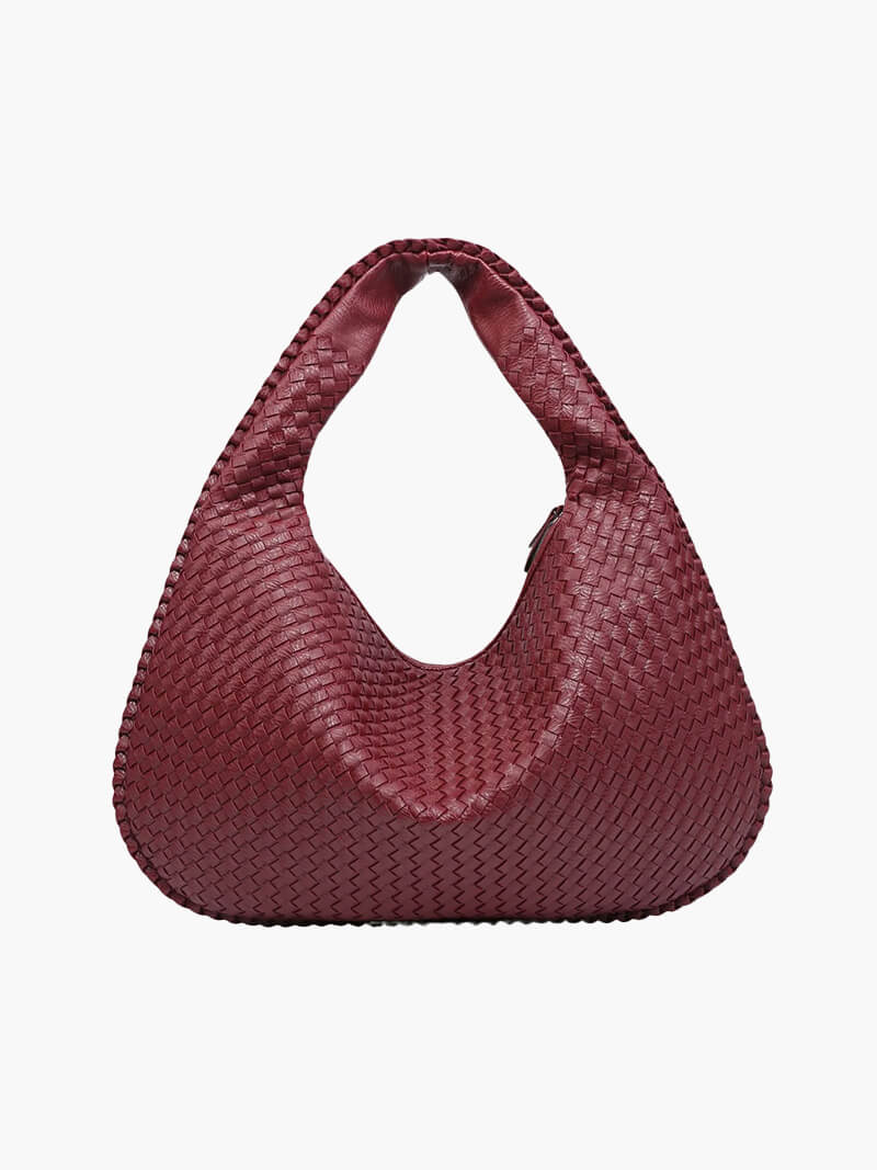 Oversized Woven Tote Bag with Braided Faux Leather Handle - Wine Red