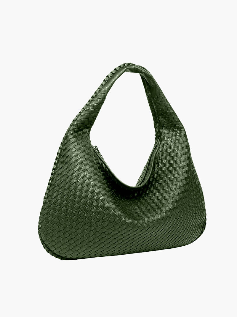 Oversized Woven Tote Bag with Braided Faux Leather Handle - Green