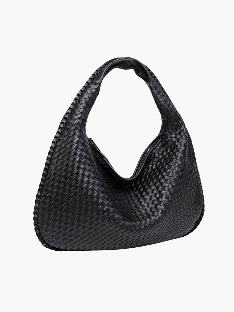 Oversized Woven Tote Bag with Braided Faux Leather Handle - Black