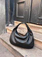 Oversized Woven Tote Bag with Braided Faux Leather Handle - 4