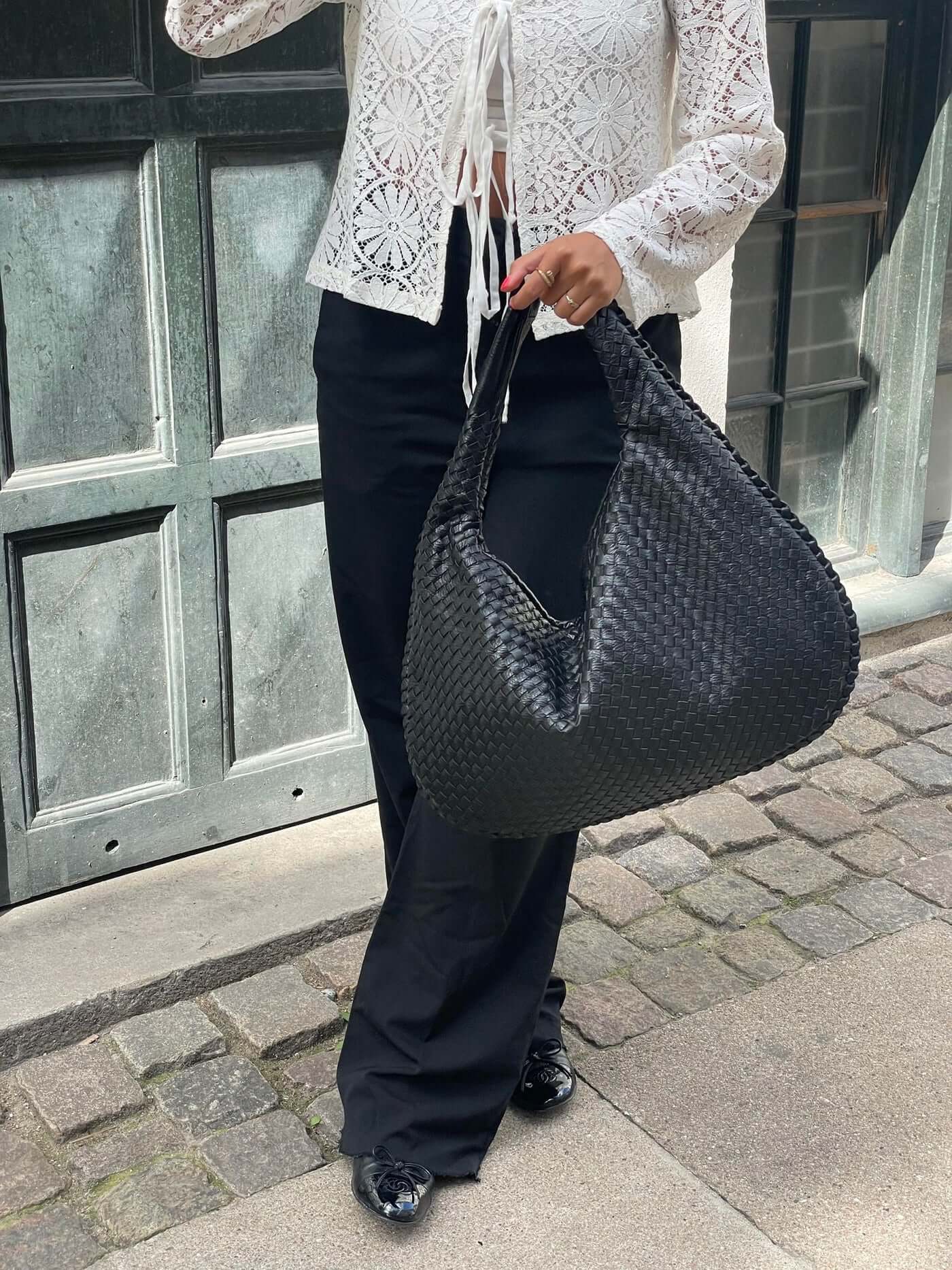 Oversized Woven Tote Bag with Braided Faux Leather Handle - 3