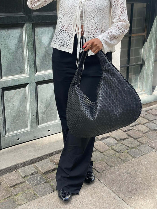 Oversized Woven Tote Bag with Braided Faux Leather Handle - 3