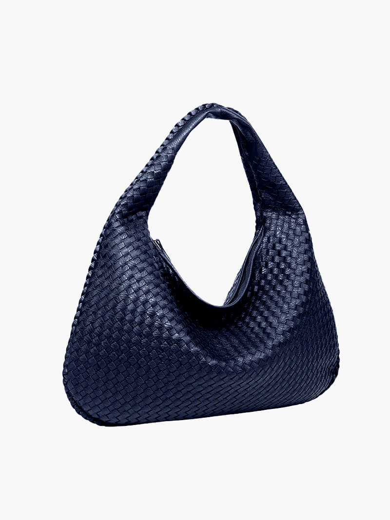 Oversized Woven Tote Bag with Braided Faux Leather Handle - Dark Blue
