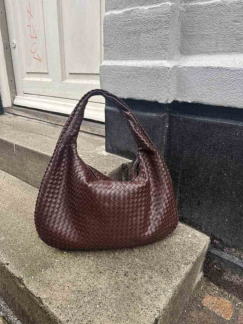 Oversized Woven Tote Bag with Braided Faux Leather Handle - 22