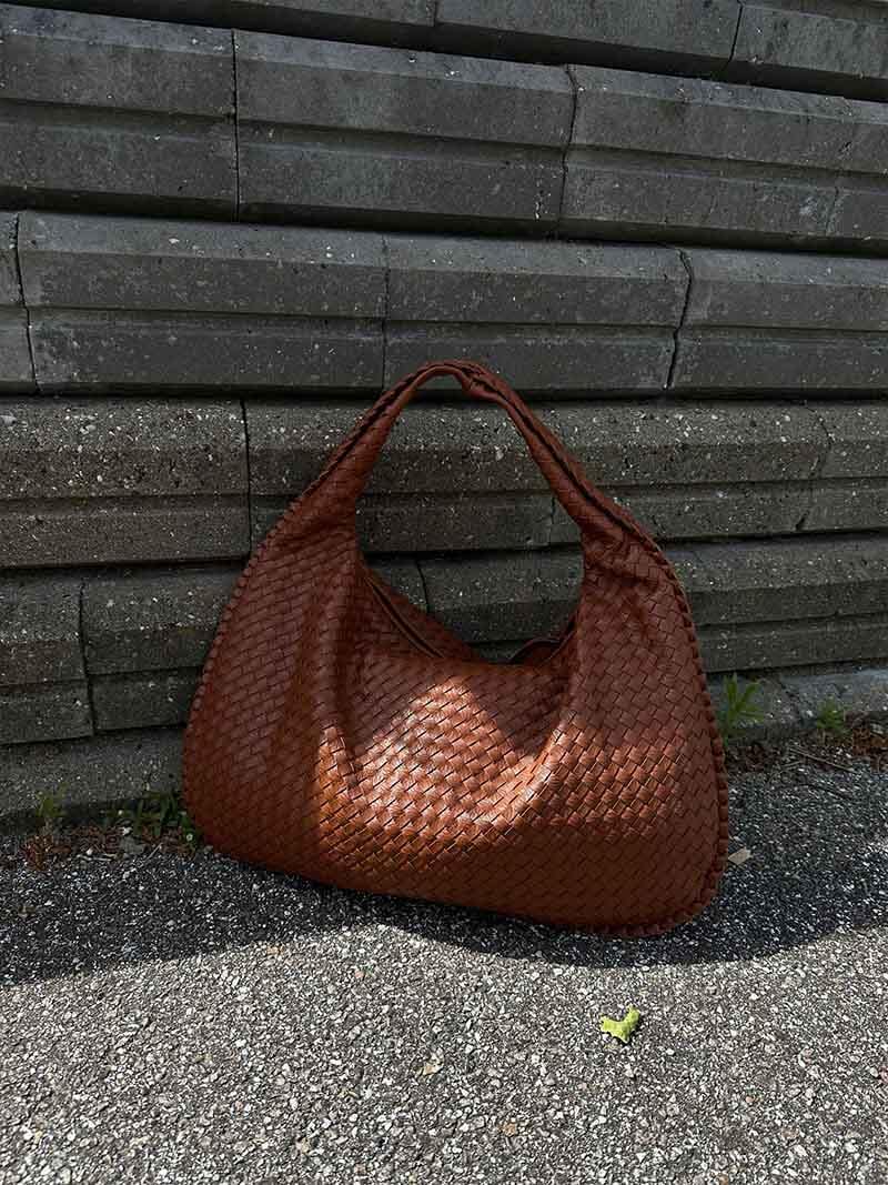 Oversized Woven Tote Bag with Braided Faux Leather Handle - 21