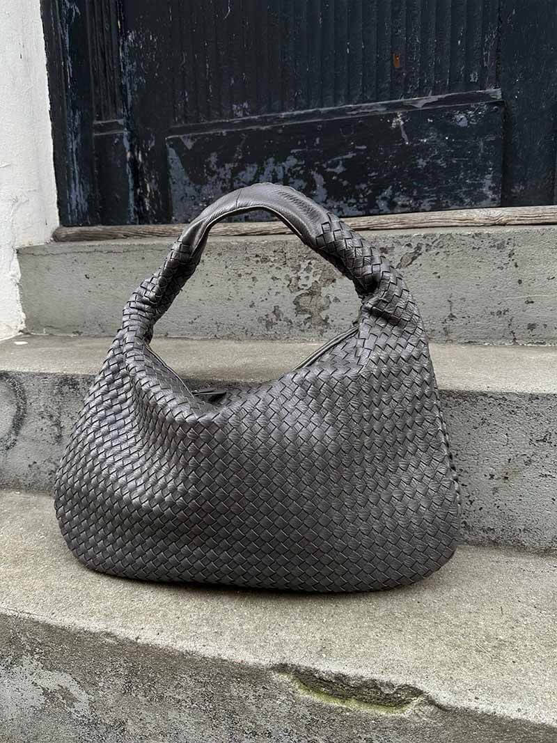 Oversized Woven Tote Bag with Braided Faux Leather Handle - 19