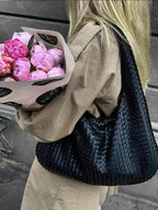 Oversized Woven Tote Bag with Braided Faux Leather Handle - 23