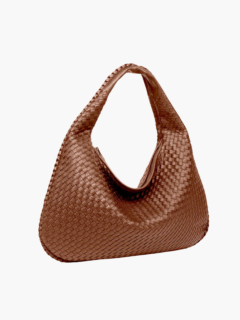 Oversized Woven Tote Bag with Braided Faux Leather Handle - Brown
