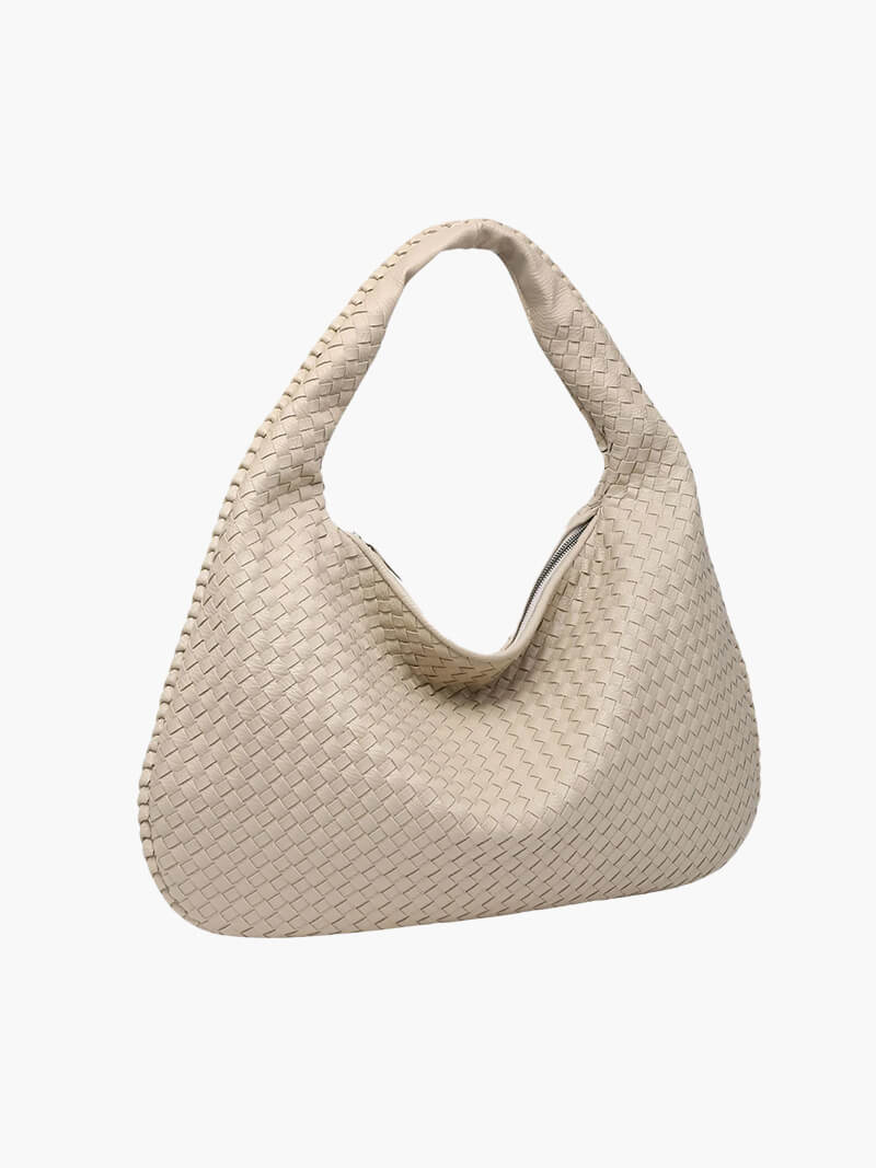 Oversized Woven Tote Bag with Braided Faux Leather Handle - Beige