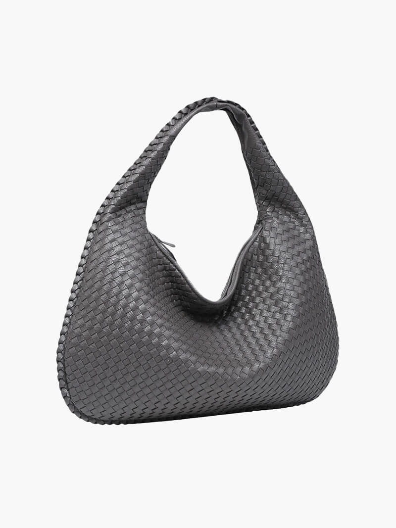 Oversized Woven Tote Bag with Braided Faux Leather Handle - Dark Grey