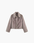 Women's Faux Fur Jacket with Lapel Collar and Button Details - Grey