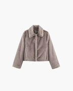 Women's Faux Fur Jacket with Lapel Collar and Button Details - Grey