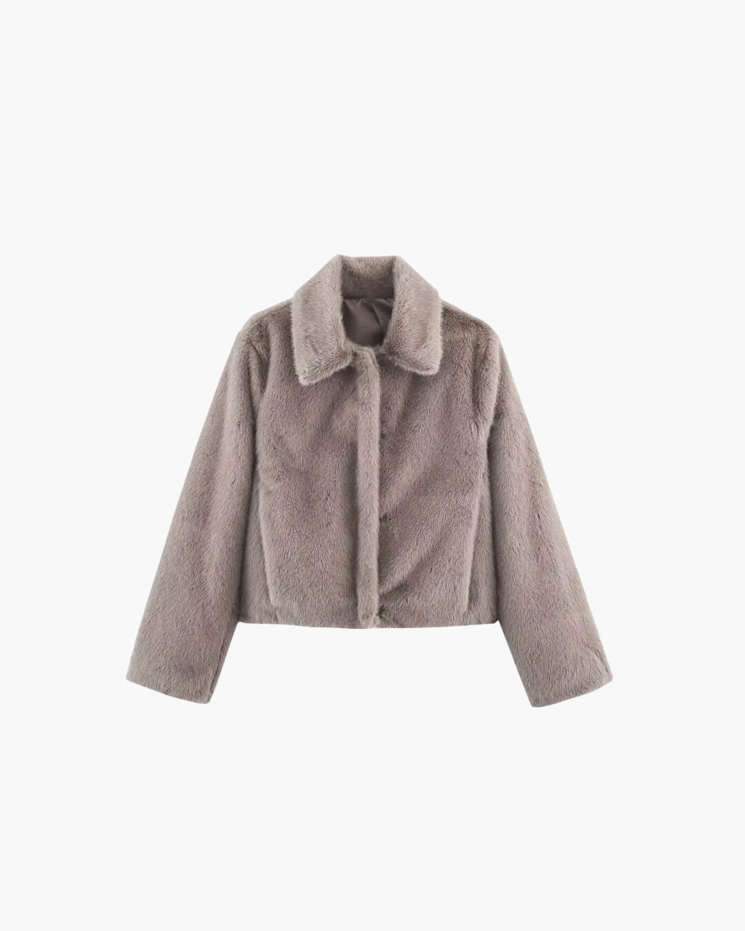 Women's Faux Fur Jacket with Lapel Collar and Button Details - Grey