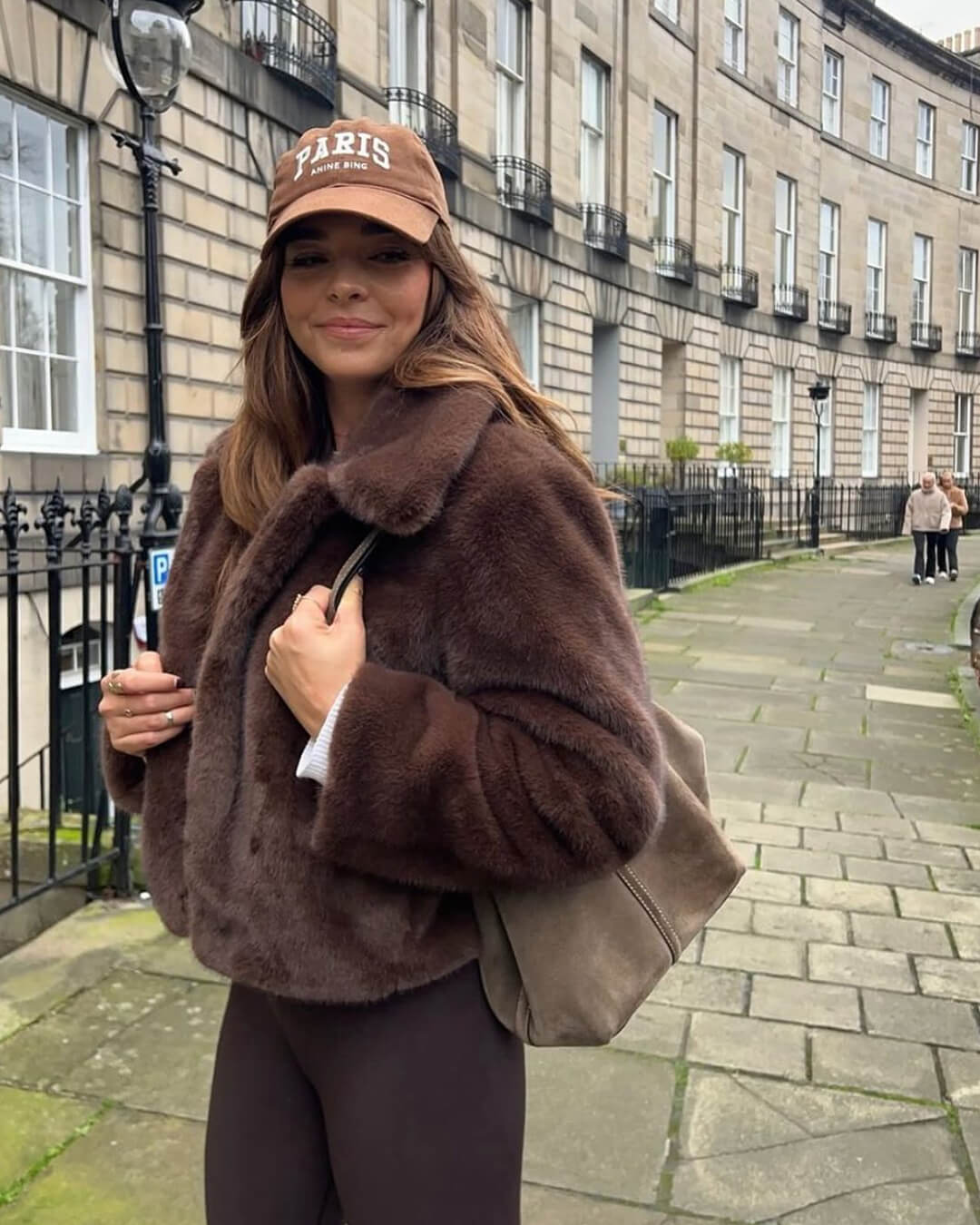 Women's Faux Fur Jacket with Lapel Collar and Button Details - Brown