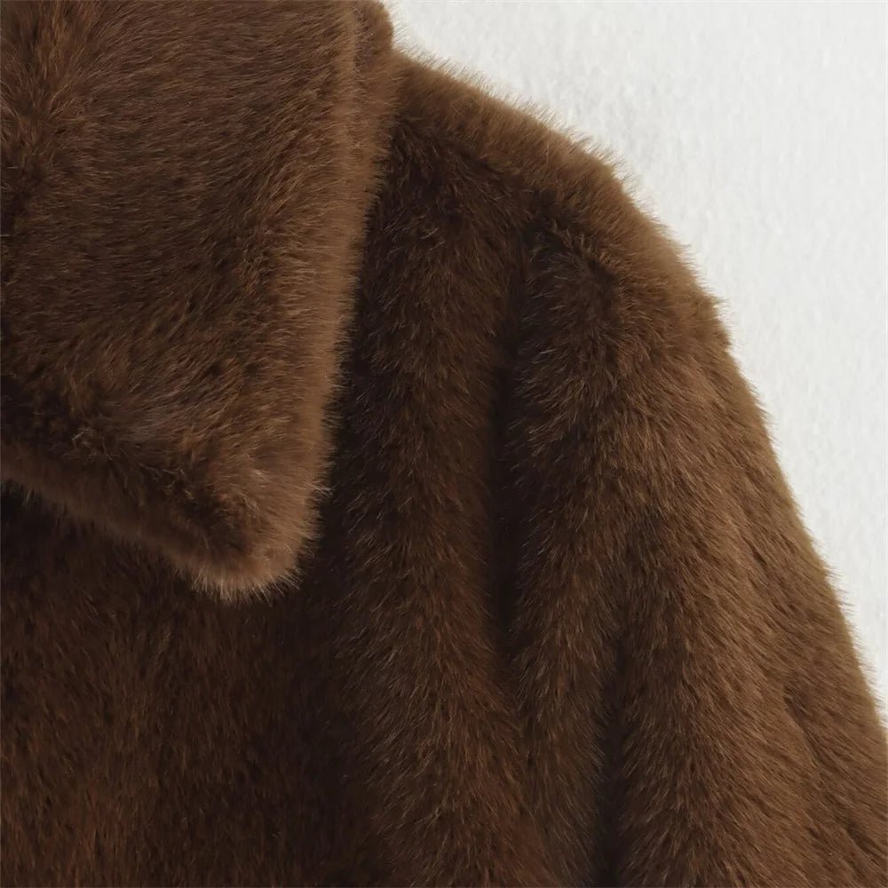 Women's Faux Fur Jacket with Lapel Collar and Button Details - 9