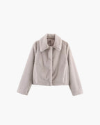 Women's Faux Fur Jacket with Lapel Collar and Button Details - White