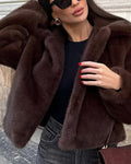 Women's Faux Fur Jacket with Lapel Collar and Button Details - Brown