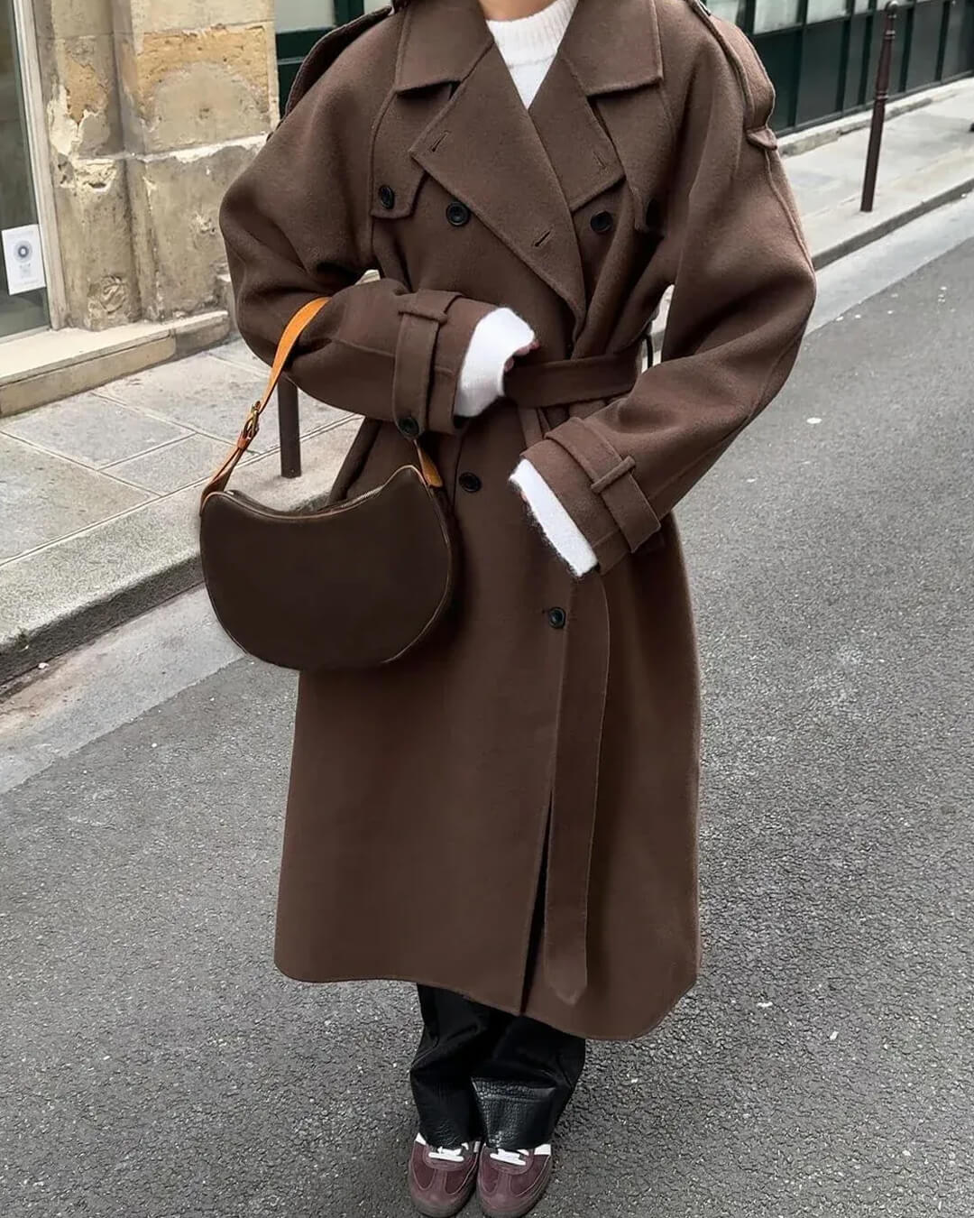 Women's Long Coat Relaxed Tailored with Lapel Collar - Brown