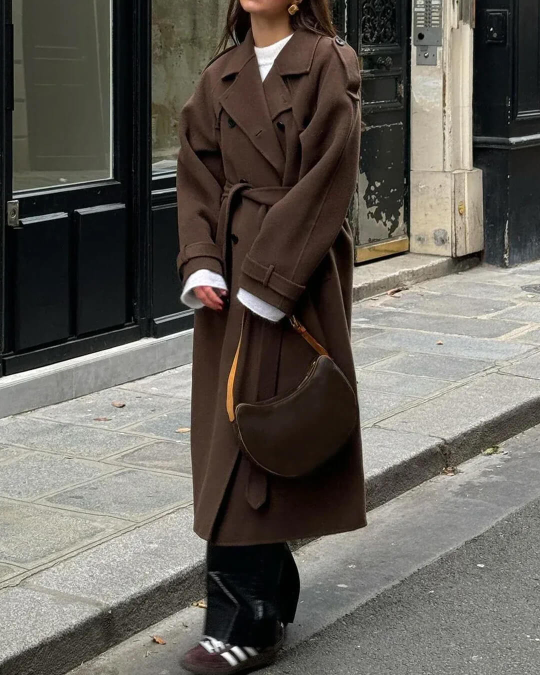 Women's Long Coat Relaxed Tailored with Lapel Collar - Brown