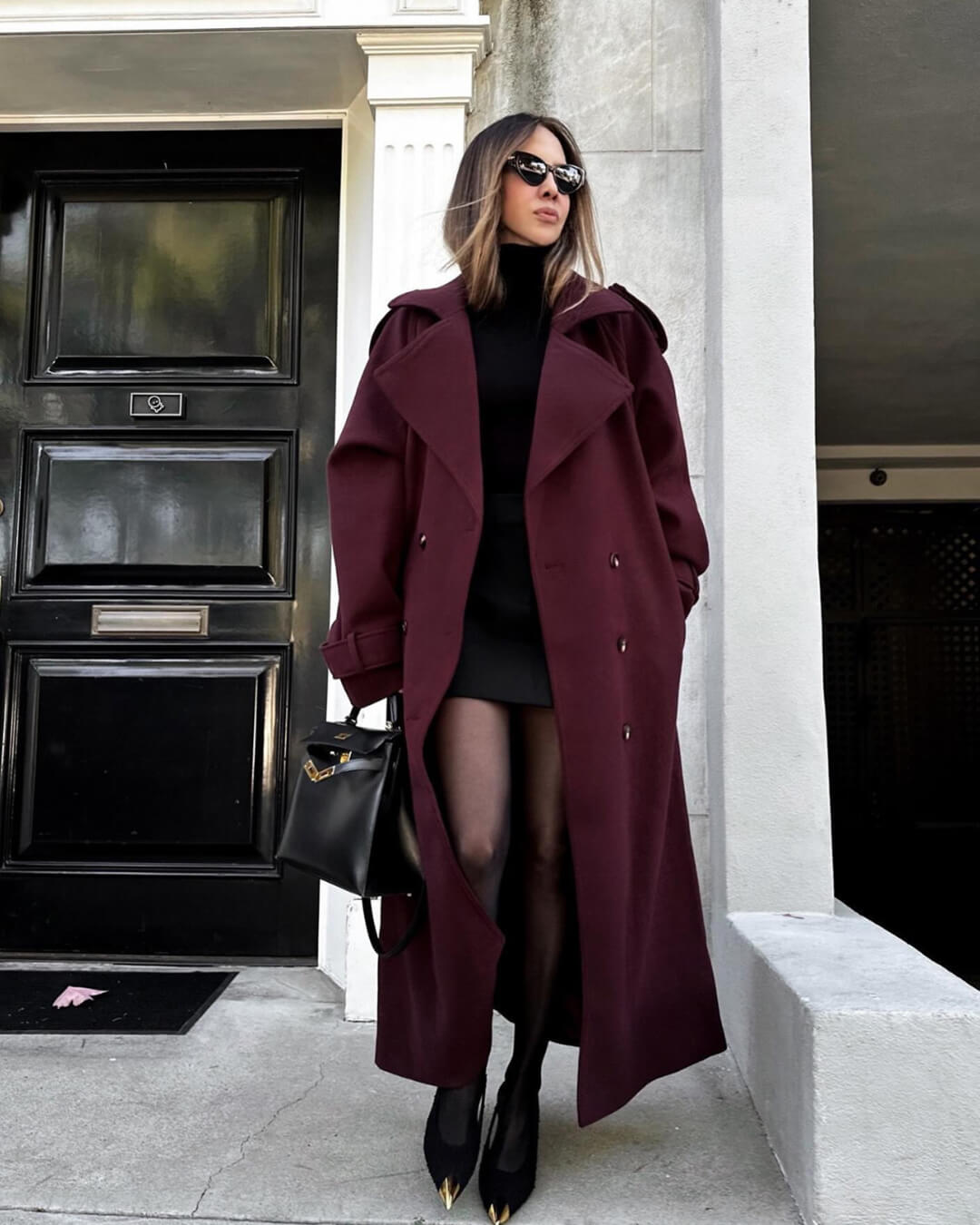 Women's Long Coat Relaxed Tailored with Lapel Collar - Burgundy