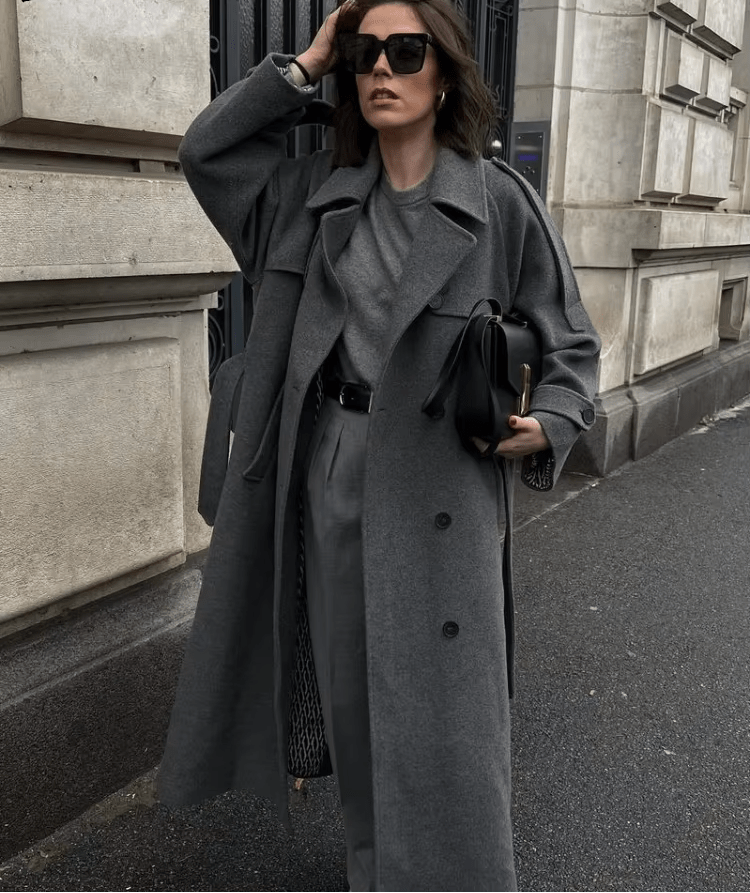 Women's Long Coat Relaxed Tailored with Lapel Collar - Grey
