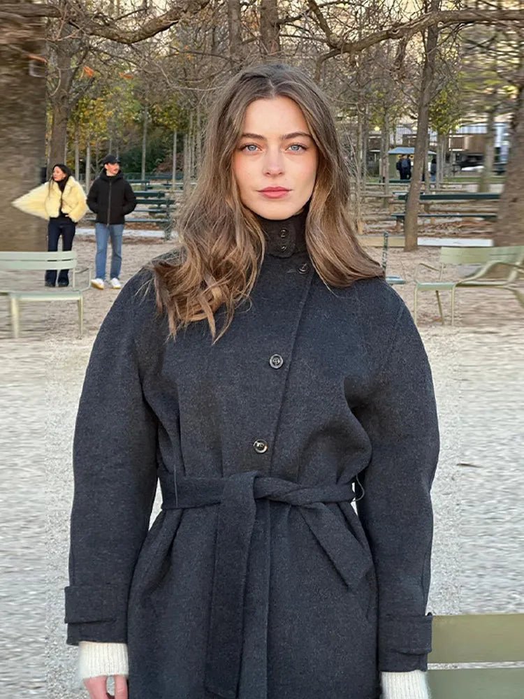Women Short Coat with Stand Collar and Single-Breasted Front - Black