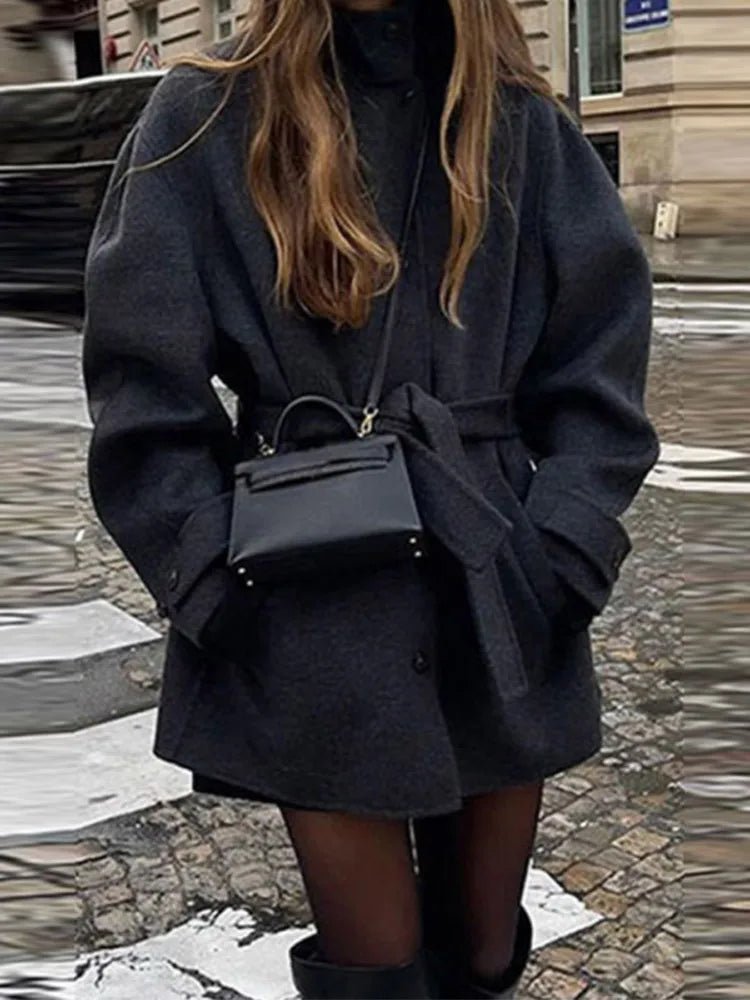 Women Short Coat with Stand Collar and Single-Breasted Front - 4