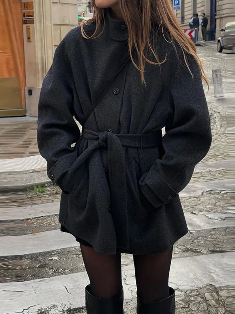 Women Short Coat with Stand Collar and Single-Breasted Front - Black
