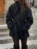 Women Short Coat with Stand Collar and Single-Breasted Front - Black
