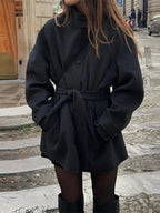 Women Short Coat with Stand Collar and Single-Breasted Front - Black