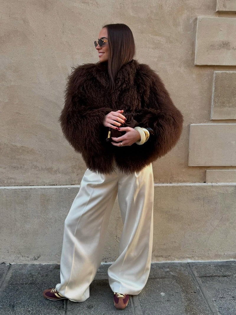 Women's Oversized Faux Fur Coat with Plush Texture - Brown