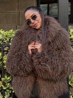 Women's Oversized Faux Fur Coat with Plush Texture - Brown