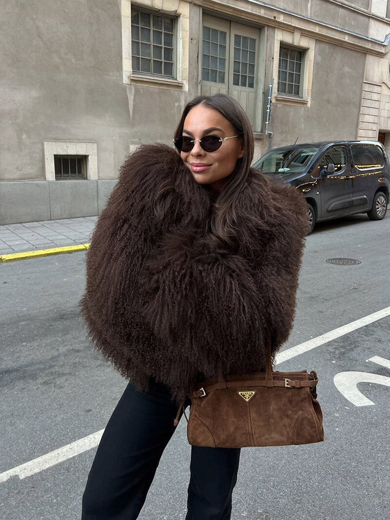 Women's Oversized Faux Fur Coat with Plush Texture - Brown