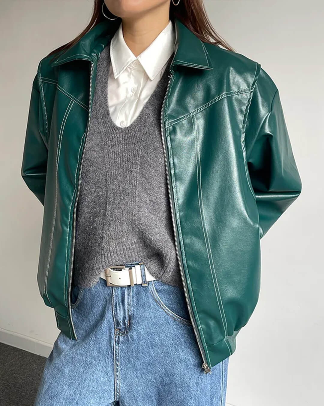 Women's Oversized Faux Leather Bomber Jacket with Zip Front - Green