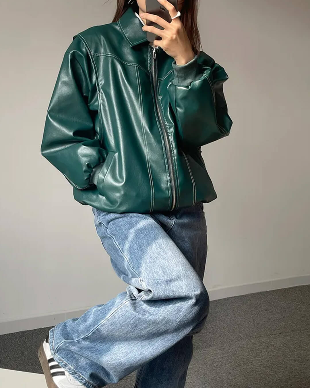 Women's Oversized Faux Leather Bomber Jacket with Zip Front - Green