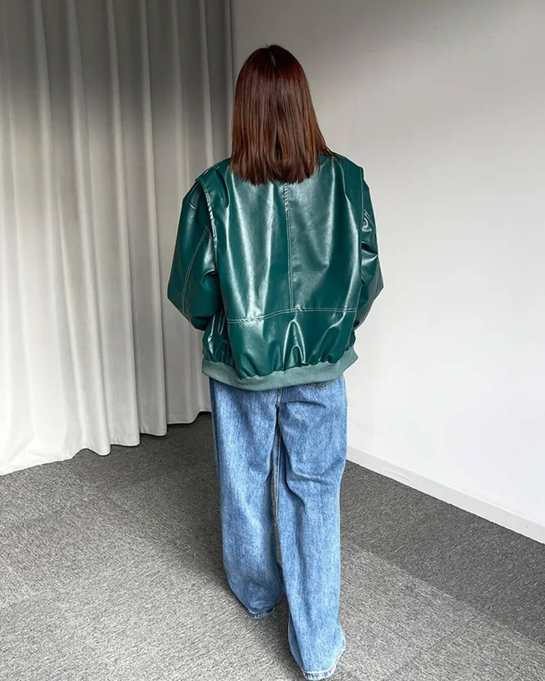 Women's Oversized Faux Leather Bomber Jacket with Zip Front - 4