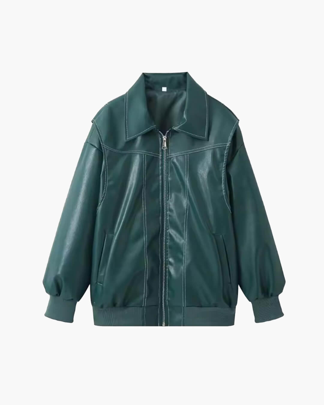 Women's Oversized Faux Leather Bomber Jacket with Zip Front - Green