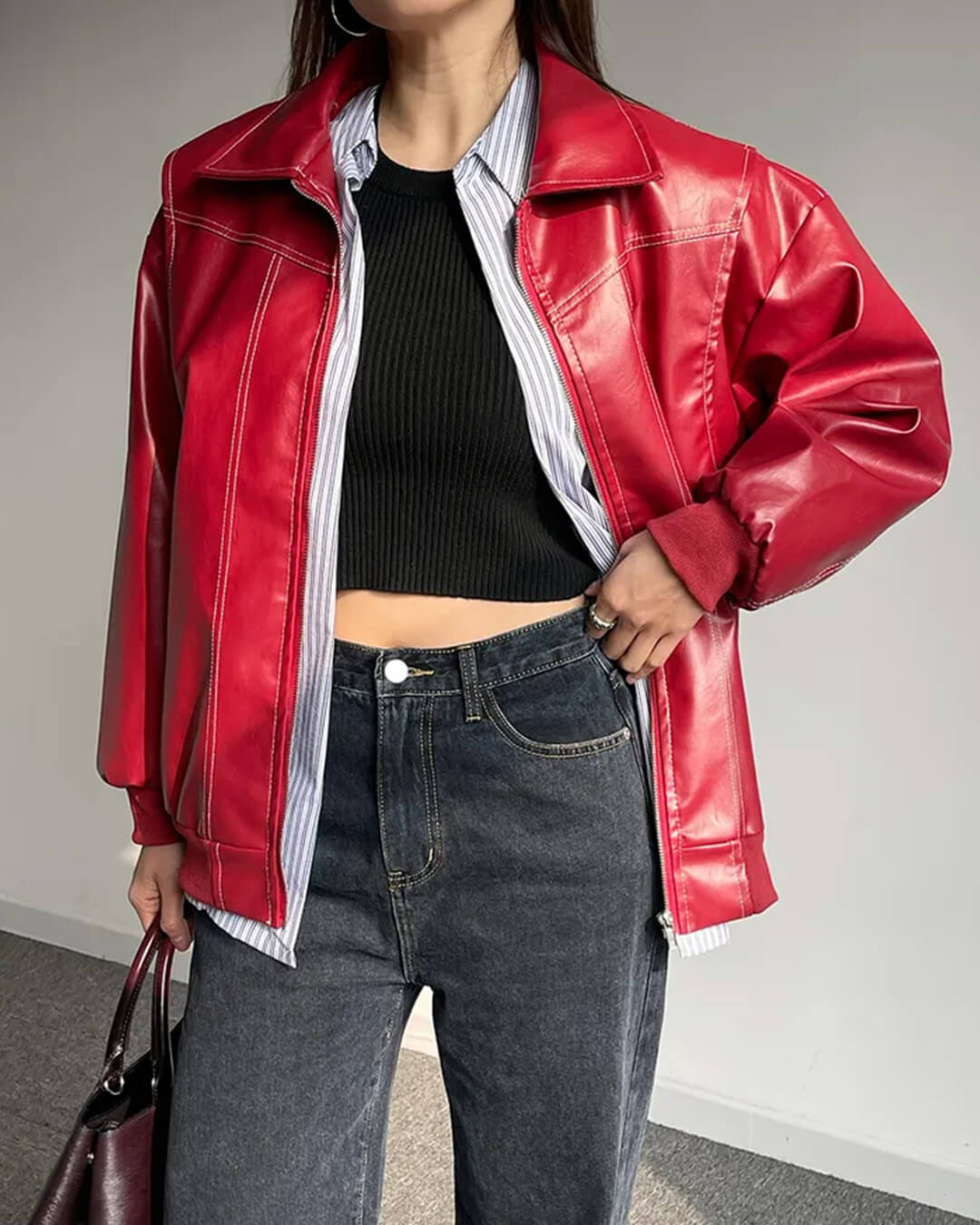 Women's Oversized Faux Leather Bomber Jacket with Zip Front - Red