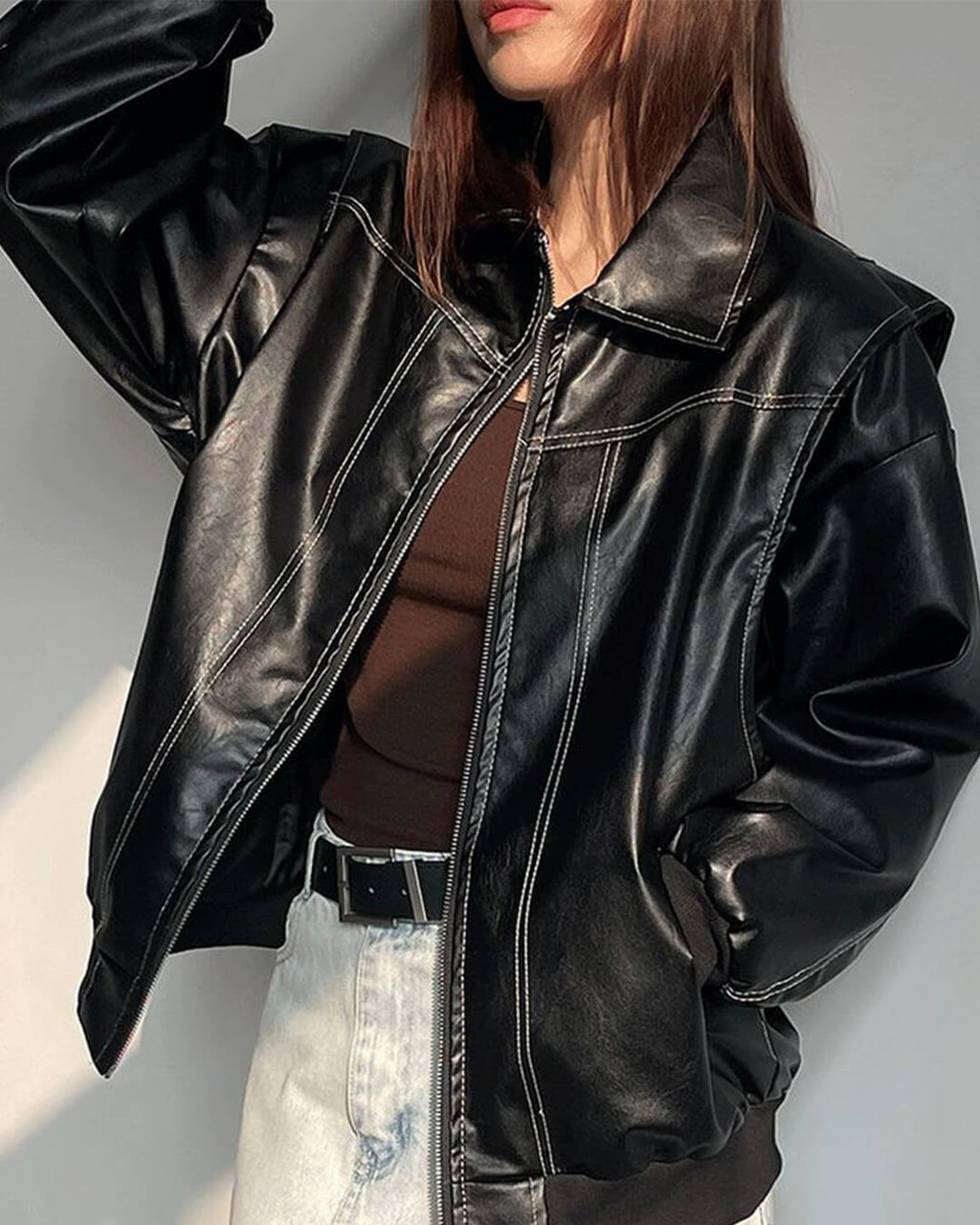 Women's Oversized Faux Leather Bomber Jacket with Zip Front - Black