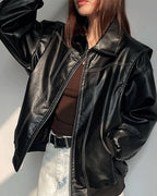 Women's Oversized Faux Leather Bomber Jacket with Zip Front - Black