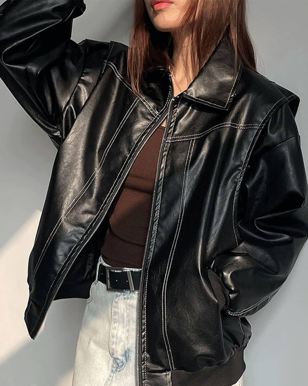 Women's Oversized Faux Leather Bomber Jacket with Zip Front - Black