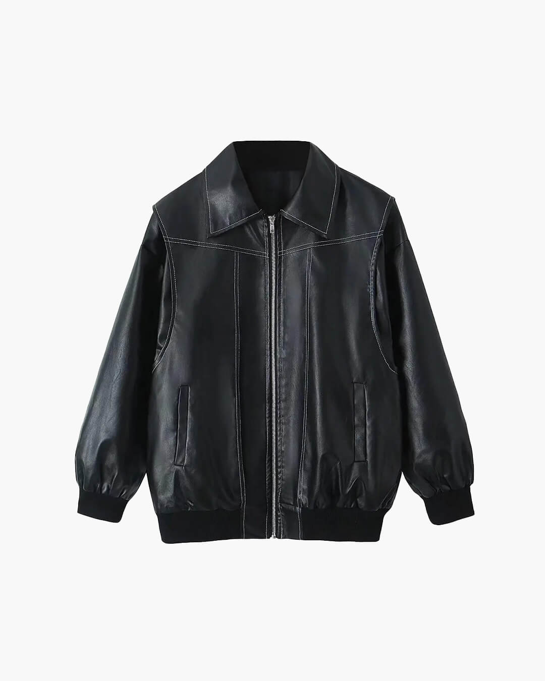 Women's Oversized Faux Leather Bomber Jacket with Zip Front - Black