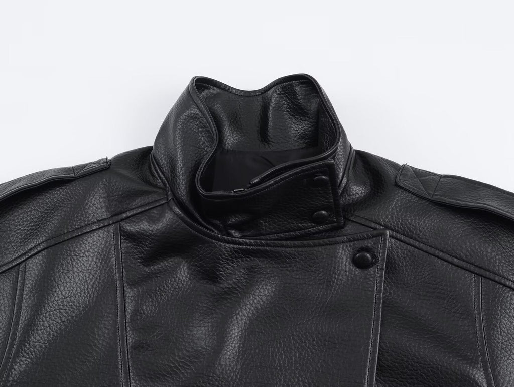 Women's Biker Jacket with Asymmetric Zip and Faux Leather Finish - 16