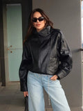 Women's Biker Jacket with Asymmetric Zip and Faux Leather Finish - Black