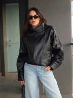 Women's Biker Jacket with Asymmetric Zip and Faux Leather Finish - Black