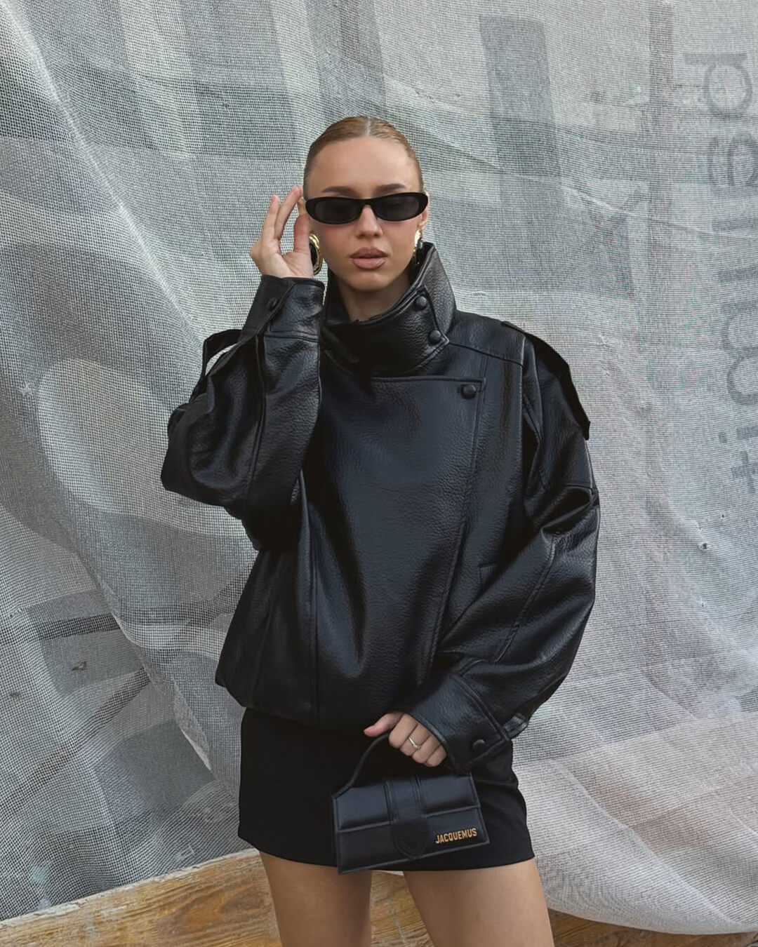 Women's Biker Jacket with Asymmetric Zip and Faux Leather Finish - Black
