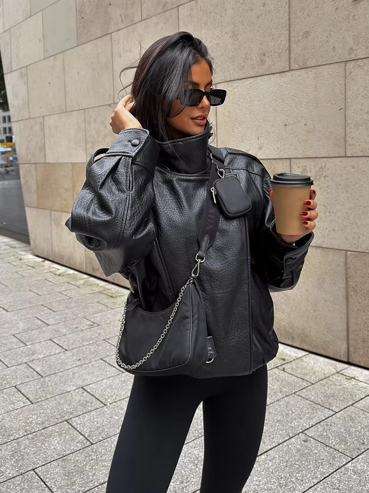 Women's Biker Jacket with Asymmetric Zip and Faux Leather Finish - Black