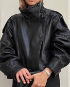 Women's Biker Jacket with Asymmetric Zip and Faux Leather Finish - 5